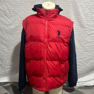 Ralph Lauren polo Red Puffer Jacket with Blue sweatshirt Sleeves and hood